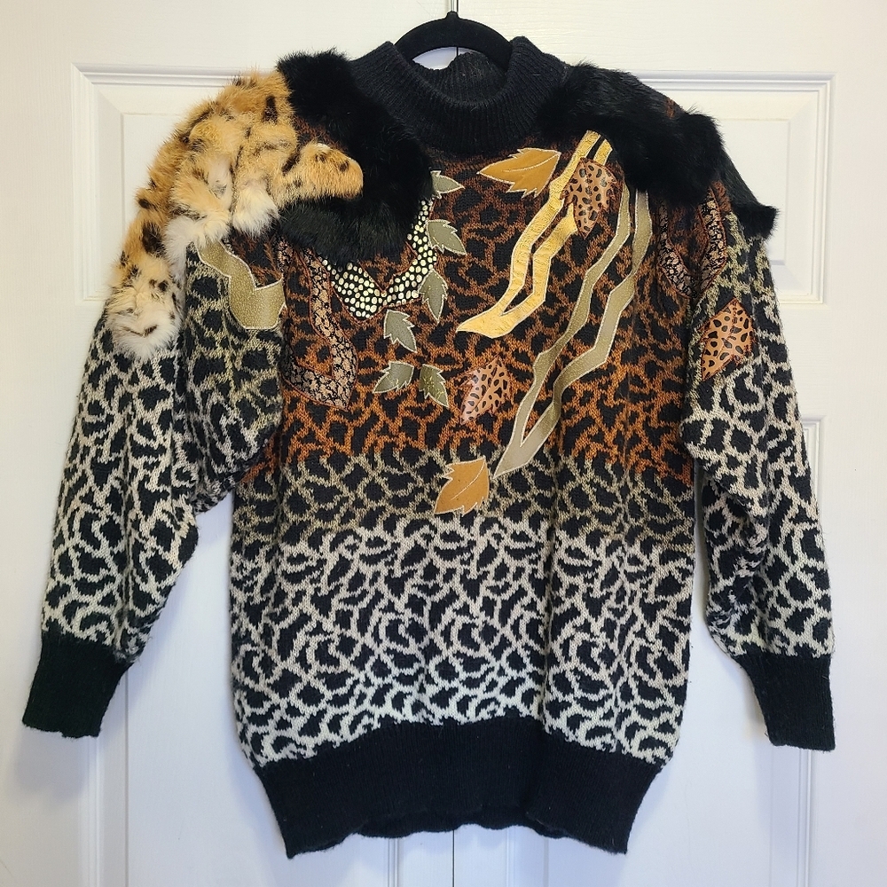 1980s Mariea Kim Animal Print Sweater‎ with Faux Fur Accents wool blend